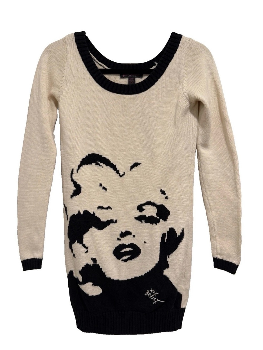 Vintage Marilyn Graphic Scoop Neck Sweater - Cream & Black Size Small